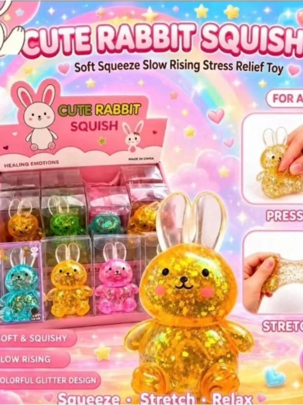 Cute Rabbit Squish Toy - Yellow Glitter Slow-Rising Stress Relief